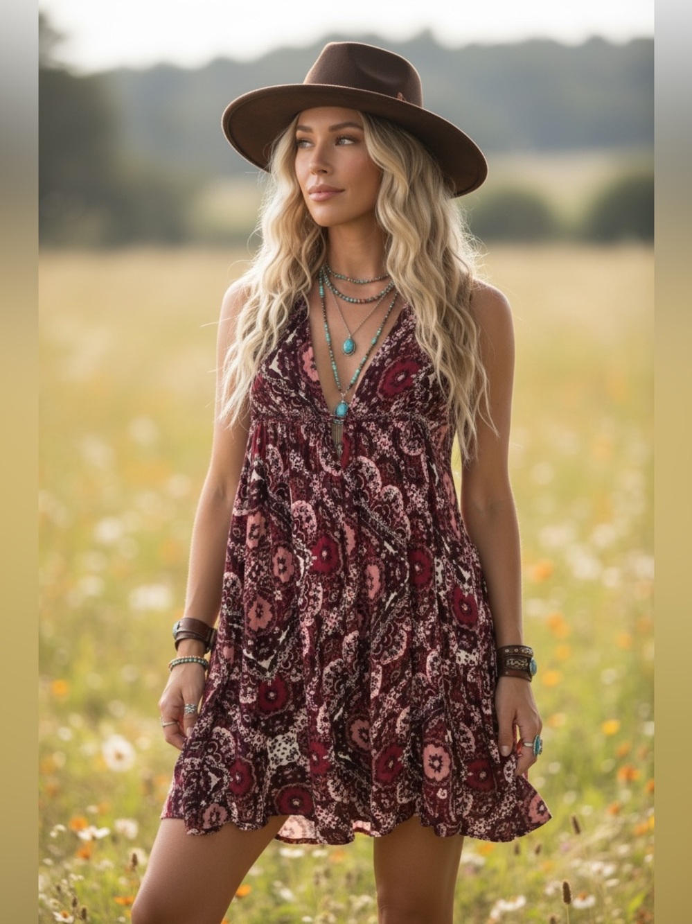Akira Boho Paisley Top/Mini Dress with Deep V - Versatile, Medium